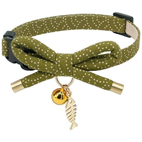 PetSoKoo Cute Bowtie Cat Collar with Bell. Japanese Stylish Bowknot & Fish Charm. Safety Breakaway, Soft, Lightweight, for Girl Boy Male Female Cats Kitten,Green Cover