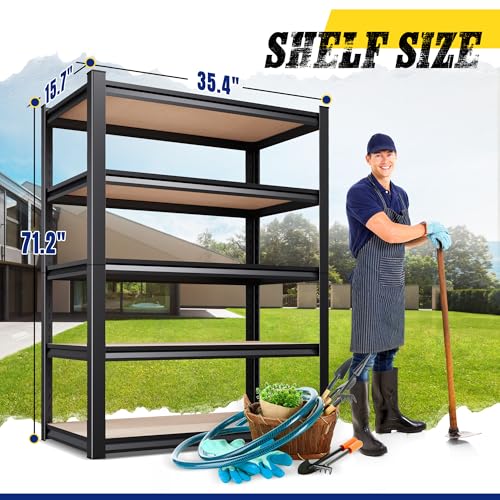 Image of 71 inch H x 35 inch W Garage Shelving Unit, 2050LBS Heavy Duty Metal Storage Shelves, 5 Tier Adjustable Utility Steel Rack, Freestanding Organizer for Warehouse, Pantry, Basement, Shop Black