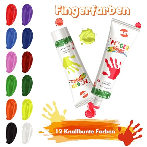 BLOT Kinder Fingerfarben mit 12 Farben (36 ml), Ungiftige & Auswaschbare Kinderfingerfarben, Babyfreundliche Farbe für Hände und Füße, Künstlermaterial für Kinder, Ab 3+