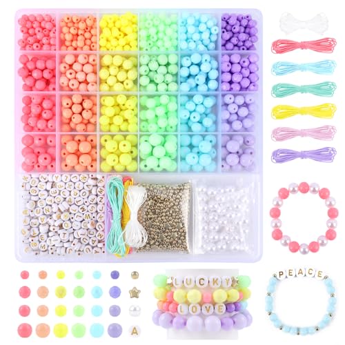 Image of Candy Color Acrylic Beads Kit Pastel Round Beads Assorted Plastic Bead Kit Letter Pearl Colorful Elastic String CCB Cute Loose Spacer Bulk for Bracelets Necklace Jewelry Making DIY Crafts