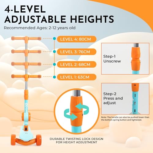 Image of 3 Wheel Kids Scooter with Foldable Seat | Adjustable Handlebar | PU LED Wheels | Light & Music Deck | Sit & Stand Kick Scooter for Boys & Girls 3-14 Years (Green & Orange)