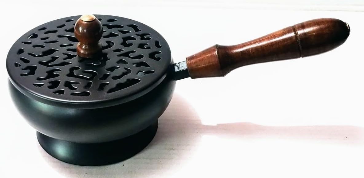Iron Charcoal Incense Burner Wooden Handle Dhoop Burner Sambrani Dhuni for Home Office, Resin Incense Burner- 7 inches