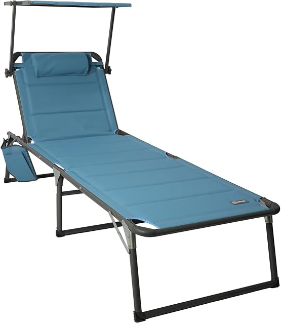 HOMECALL Aluminium Sun-Lounger with 2x1 Textilene Padding, Quick-Dry Foam, Pocket, and Sun Shade, XXL (200 x 70 cm) - Blue