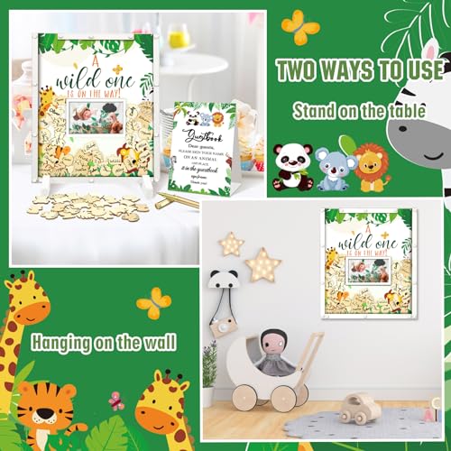 Image of Beeveer 65 Pcs Baby Shower Guest Book Alternatives Safari Animal Wild One Baby Shower Decorations Sign in Guest Book with Picture Frame and 60 Wooden Animal Chip Signature Board Keepsake Gifts