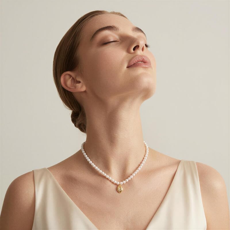 Image of Jeulia Vintage Oval Rice Pearl Choker Necklace for Women, 14K Gold Plated Andy Style Enamel Heart Pendant Dainty Beaded Pearl Jewelry Gifts for Birthday Anniversary Daily Party Wear