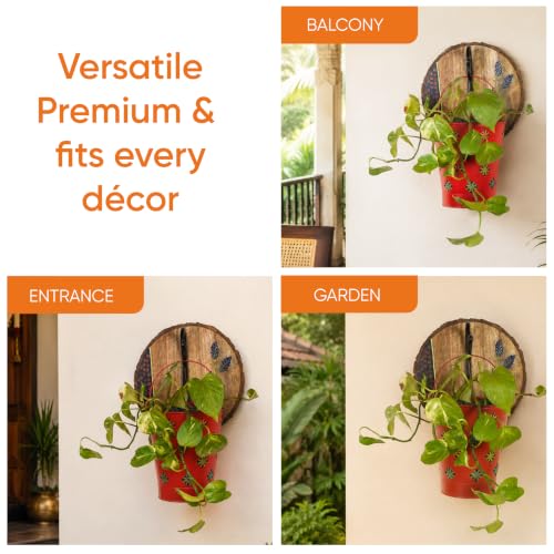 Image of AAKRITI ART CREATIONS Red Bucket Metal Planter on a Round Wall Hook