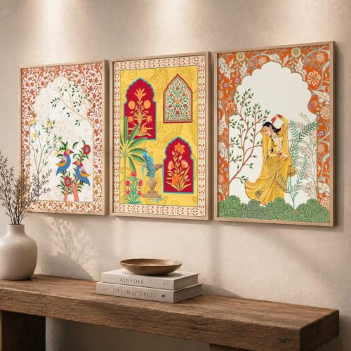 Image of kotart Indian Madhubani Wall Decoration | Madhubani Art Painting With Frame For Living Room Bed Room Hotel Wall Decor Digital Reprint Set of 3 (10X13 inch)