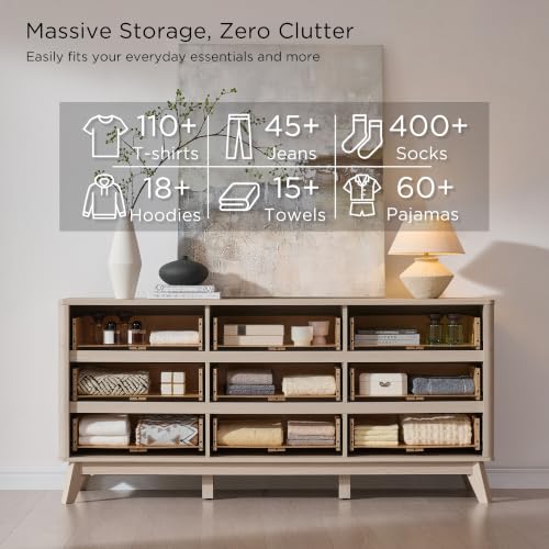 Image of T4TREAM 63 inch Wide Fluted 9 Drawer Dresser for Bedroom, White Alder