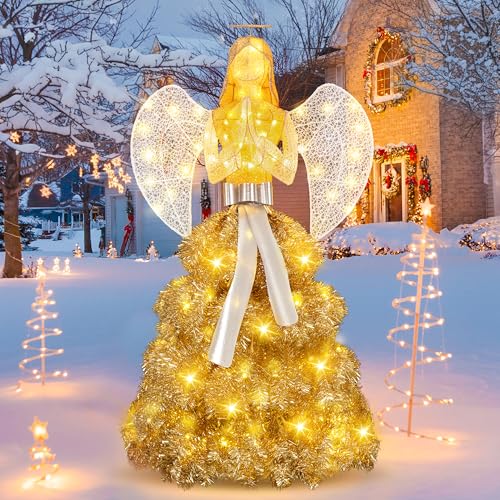 Shintenchi 5FT Lighted Christmas Angel Outdoor Xmas Decoration with 150 LED Lights Pre-lit 3D Glittered Angel for Lawn Yard Garden with Ground Stakes and Zip Ties Warm Golden Color