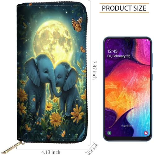 Image of RFID Blocking Leather Wallet for Women - Large Capacity Zip Around Clutch with 8 Card Slots,42 Cash Pockets & Coin Zipper,Cute Elephant