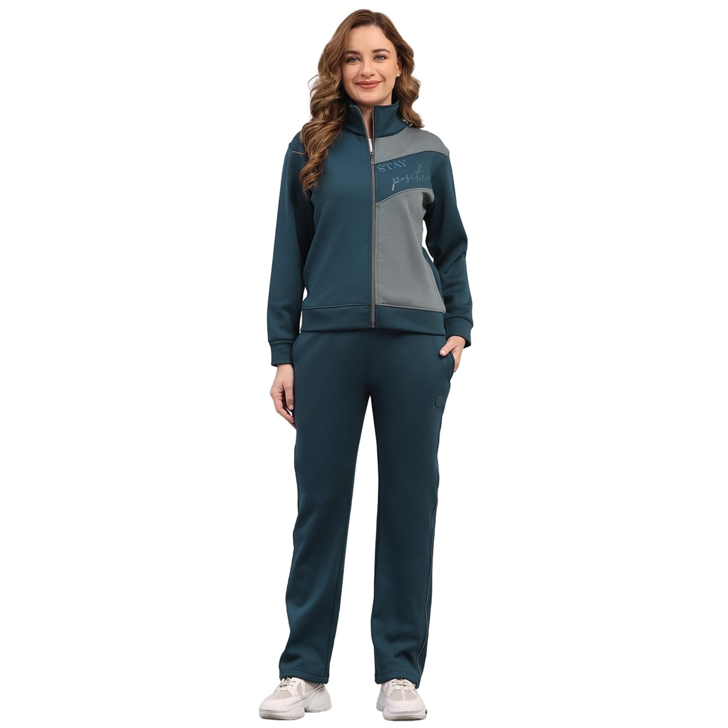 Womens Regular Fit Printed Mock Collar Full Sleeve Winter Tracksuit Sportswear Set with Jacket and Lower | Comfortable Activewear for Gym Running & Training (Pack Of 1)