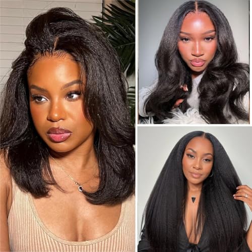 Perücke Echthaar für Damen Yaki Straight Glueless Wig Human Hair 4x4 Lace Wig Yaki Perücke Damen Echthaar Geschenk für Sie 28 Zoll Natürliche Schwarze Perücke – Bild 6