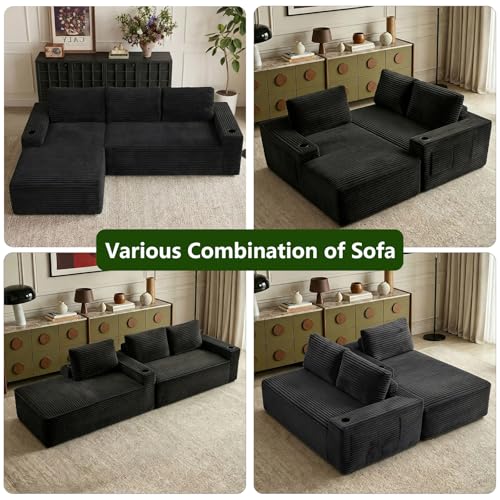 Image of 104.3 inch Modular Sectional Sofa,Modern Corduroy Cloud Couch with Cup Holder & Side Pockets,Boneless Couch Upholstered 3-Seater L-Shaped Sofa for Living Room,No Assembly (Black, Left-Facing Chaise) | with Cup Holder