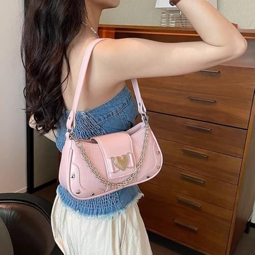 Bolsa de ombro vintage Y2K couro PU estilo punk gótico padrão estrela rosa bolsa axila (rosa)