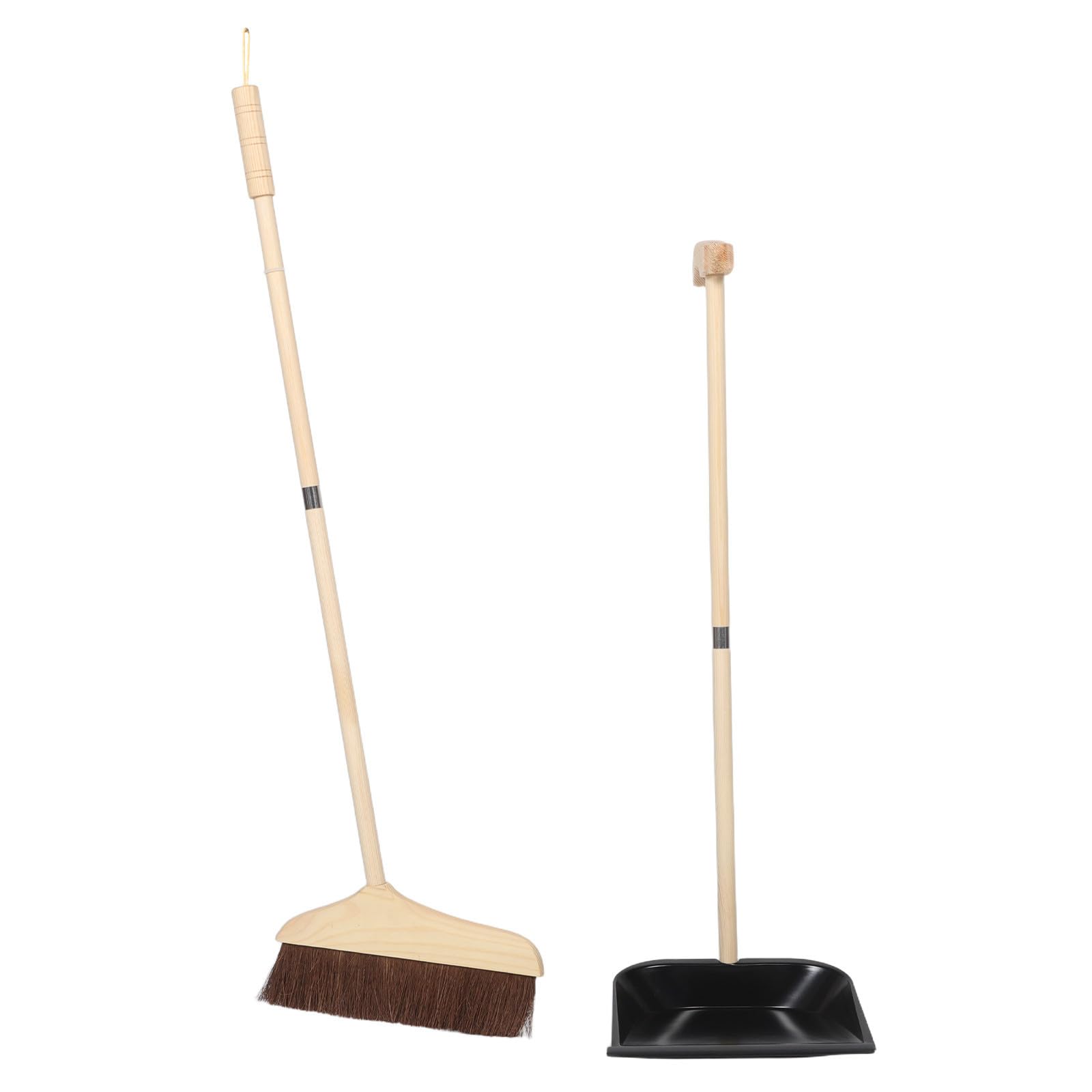 Set Scopa Domestica Setole Morbide e Paletta in Legno Nero, Manico lungo Staccabile in Ferro per Pulizia Pavimenti in Cucina e Casa, Non Graffia e Risparmia