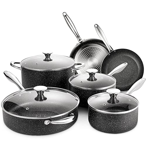 N++A Nonstick Cookware Set Induction, Pot & Pan Set 10 PCS, Deep Saucepan Stone Granite Non-Stick Coating, Suitable for All Stove Hobs, PFOA & BPA Free, Oven Safe, Black