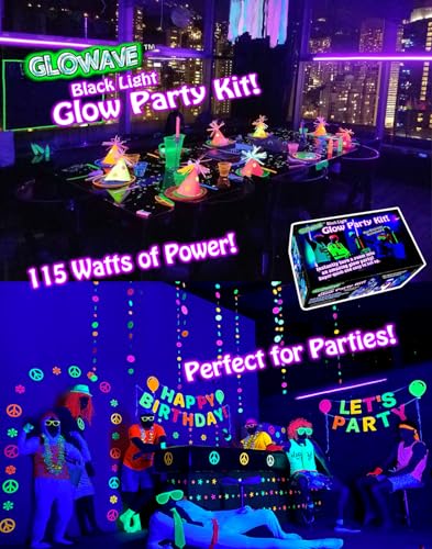 Black Lights for Glow Party! 115W Blacklight LED Strip kit. 4 UV Lights to Surround Your Neon Party. Ultraviolet Lighting for Big Rooms. Easy Set up! Glow in The Dark Party Supplies. Fiesta Luz Negra