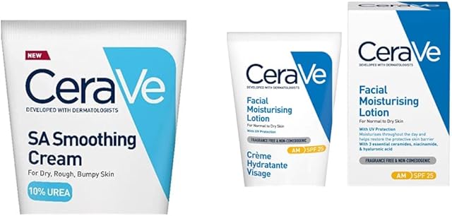 CeraVe SA Smoothing Cream for Rough and Bumpy Skin 177ml with Salicylic Acid and 3 Essential Ceramides & AM Facial Moisturising Lotion SPF 25 for Normal to Dry Skin 52ml