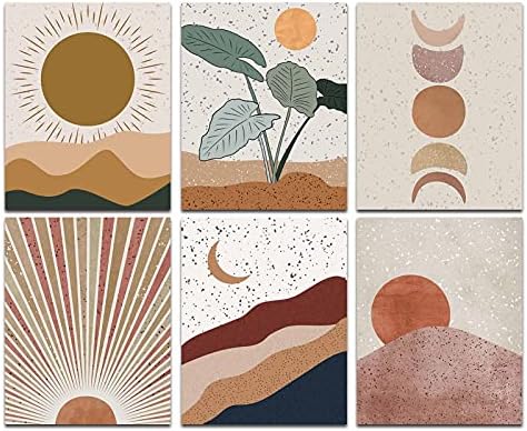 FWK Modern Abstract Mid Century Bohemian Mountains Sun Boho Moon Posters Art Painting Set of 6 (8x10inches ) Living Room Bedroom Hallway Kitchen Housewarming Gift Home Decor Unframed 8 x 10 Inch