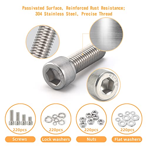 SENYARD 890pcs M6 M5 M4 M3 Nuts and Bolts Assortment Kit, Metric Screw Assortment(with Lock&Flat washers・Wrenches・Self Tapping Screws)304 Stainless Steel Hex Socket Head Cap Screws Assortment Set Kit