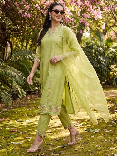 Image of INDO ERA Women's Silk Blend Floral Embroidered Thread Work Kurta & Pant with Dupatta Set