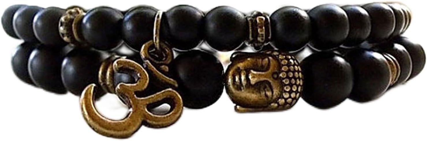 D'vine Set of 2 Yoga & Meditation Om Charm Buddha Reiki Beads Stylish Bracelet for Men Women(Black)(9377b)