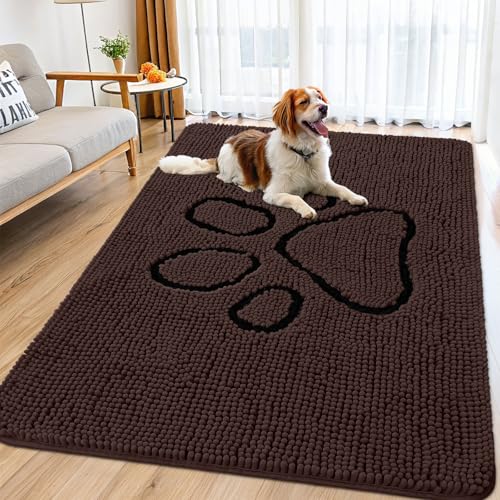 Image of Smiry Dog Door Mat for Muddy Paws, Absorbent Dirt Trapper Non Slip Quick Dry Washable Chenille Mat for Mud Dogs, Entry Rug for Indoor and Outdoor (71x46 Inches, Brown and Black)