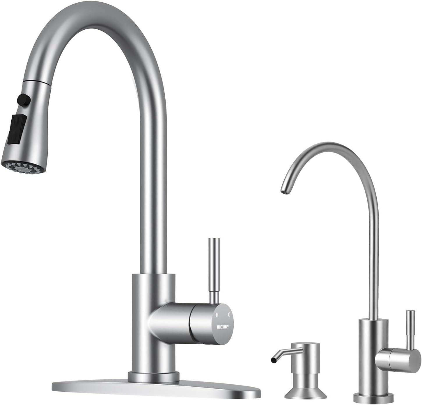 WEWE Kitchen Faucet with Soap Dispenser and Pull Down Sprayer, RV Single Handle Classic 3 Modes Stainless Steel Faucet with WEWE Drinking Water Faucet for Kitchen Sink