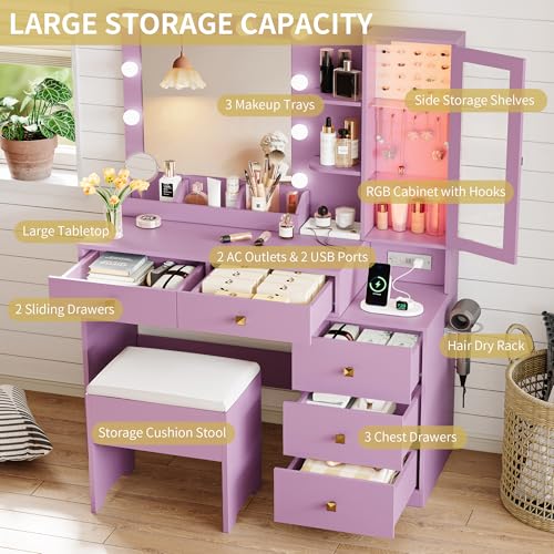 Image of Vanity Desk with Mirror and Lights, Makeup Vanity Table Set with 5 Storage Drawers, Power Outlet & Chair, Small Dressing Table with RGB Ambient Light, Adjustable Brightness for Girls Bedroom, Purple