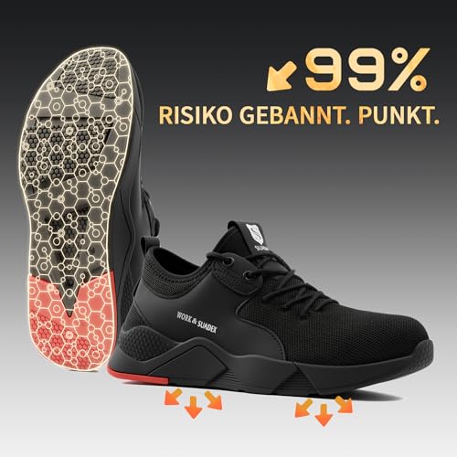 Foto von SUADEX Arbeitsschuhe Sicherheitsschuhe Herren Damen Leicht Atmungsaktiv Stahlkappenschuhe Unisex Sneaker mit Stahlkappe (02-Schwarz 43EU)