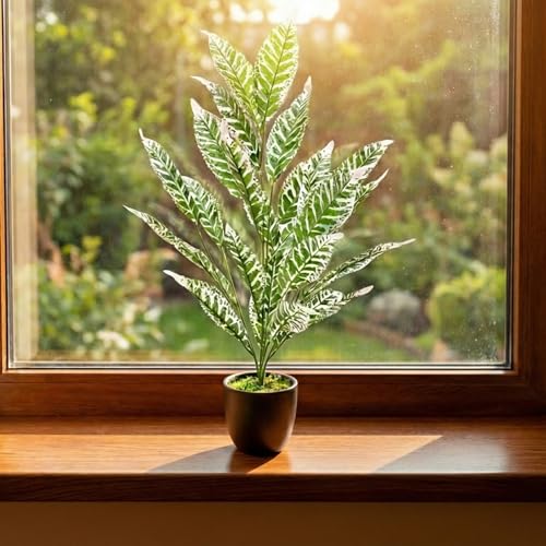 Image of Dekorly Artificial Plant Leaves Tropical Monstera Large Artificial Plants Fake Zebra Leaf Plastic Palm Tree Branch for Home Garden Decor | 26 Leaves (WithPot-Green-G, Height : 76CM)