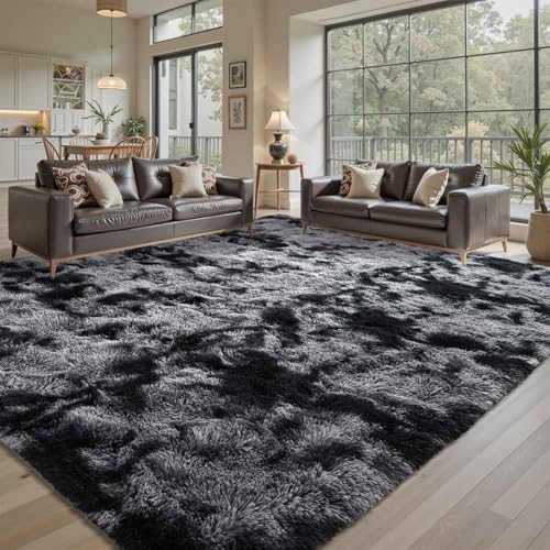 Area Rugs for Living Room 8x10 Black Grey Fluffy Rug,Super Fuzzy Fur Bedroom Carpet for Boys Dorm Office Nursery Modern Home Decor