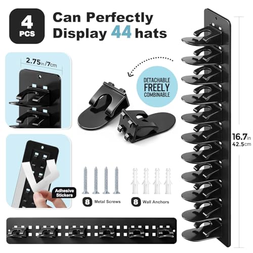 4 Pack Hat Organizer for Baseball Caps, Detachable DIY Hat Rack for Wall Hat Holder Hold up to 44 Hats, Baseball Cap Organizer Cap Holder Hat Hangers for Wall Closet Door Bedroom(4pcs,Black) - image 2
