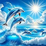 Mosaflare 5D Diamond Painting Kits for Adults, Dolphin Diamond Art for Beginners, DIY Full Round Drill Paint by Diamonds Dot Gem Art for Adults, Home Wall Decor 13.7x13.7 Inch