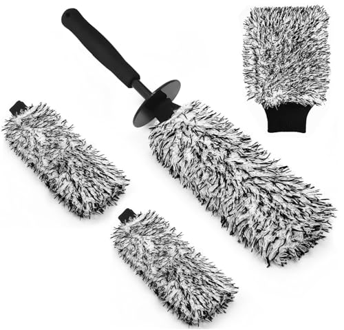 YeewayVeh Car Wheel Brush Kit, Microfiber Rim Brush with 2 Replaceable Wheel Cleaner Brush Cover, Wheel Cleaning Brush with Car Wash Mitt for Truck Camper SUV Fenders Exhaust Tips Car Washing Kit