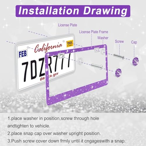 Image of Amiss Bling License Plate Frame for Women, 1Pack Rhinestone Handcrafted Crystal Premium Stainless Steel, Stainless Steel Car Decorative Accessories with Diamond Sparkle Glitter Caps (Purple)