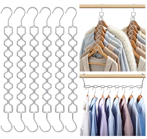 Space Saving Hangers for Clothes 6 Pack, Sturdy Metal Hangers Heavy Duty Magic Clothes Space Saver Hanger Organizer with 360° Swivel Hook, Closet Organizers and Storage Dorm Room Essentials Silver