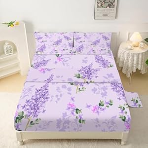 Floral Bed Sheets Set Twin Fitted Sheets Purple Lilac Flower Bedding Flat Sheet Women Girls Kids Modern Farmhouse Top Sheet Aesthetic Sheet Set 1 Pillowcase Lcl01-06 Twin