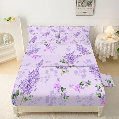 Floral Bed Sheets Set Twin Fitted Sheets Purple Lilac Flower Bedding Flat Sheet Women Girls Kids Modern Farmhouse Top Sheet Aesthetic Sheet Set 1 Pill