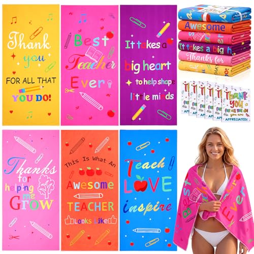 Peryiter 6 Pack Teacher Appreciation Gift for Women 28 x 59 Inch Beach Towel Thank You Gifts from Students for Teacher Week Graduation End of Year School Class Retirement Summer Vacation Pool Party
