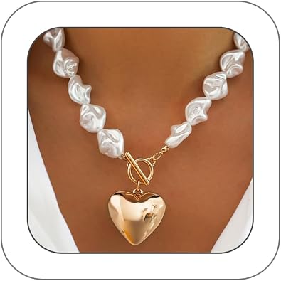 Chunky Gold Heart Pendant Necklace for Women Big Baroque Pearl Necklace | Pearls,baroque,buckle,pendants,statement,love,toggle,choker,valentines day,ot,clasp,heart jewelry,puffy,boho,beaded,collar