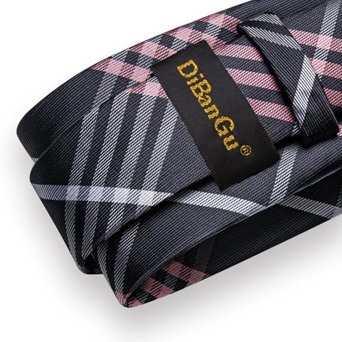 Image of DiBanGu Plaid Ties for Men Silk Checkered Necktie and Pocket Square Cufflinks Tie Clip Set with Gift Box for Wedding Business