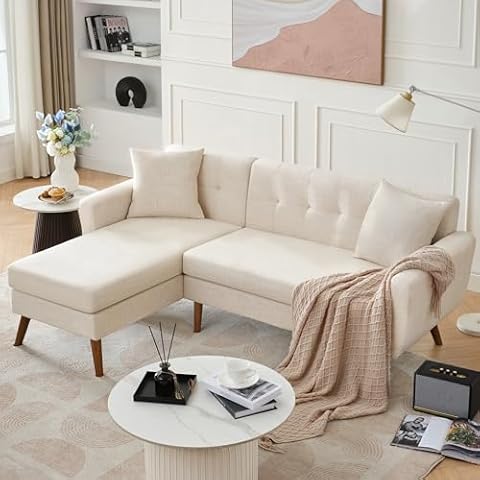 Kingfun 80" W L Shaped Couch Sofa, Mid-Century Modern Sectional Couches for Living Room, 3 Seat Couch with Wide Chaise Lounge & Two Pillows,Button Tufted Upholstered Sectional Sofa for Bedroom, Beige Cover