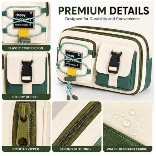 Image of Multi-Compartment Pencil Pouch, Large Capacity Pen Case | Canvas pencil pouch with zipper and buckle pocket, spacious storage for school, office and travel essentials.