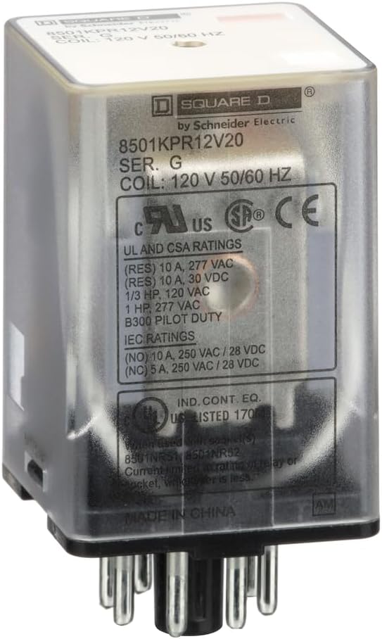 Schneider Electric Square D Plug in Relay, Type KP, Tubular, 1 HP at 277 VAC, 10A Resistive at 120 VAC, 8 Pin, DPDT, 2 NO, 2 NC, 120 VAC Coil