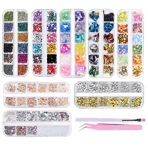8 Boxes Nail Art Accessories Kit,Multicolor Nail Crystal Gems Nail Jewels Nail Flat Back Diamonds with Tweezers and Nail Art Brush for Nail Art Supplies Accessories
