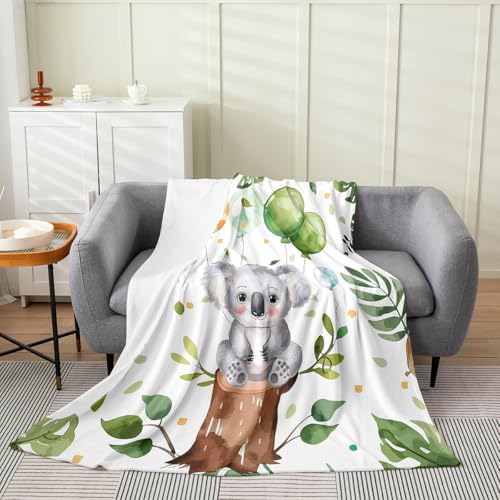 Kawaii Koala Throw Blanket, Cartoon Animals Printed Warm All Seasons Cute Wildlife Gray Green Balloons Fuzzy Soft, for Kids Boys Girls Baby Size Sofa Bed, 30x40 Inch Flannel Blanket