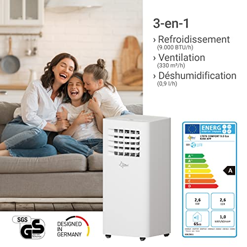 suntec climatiseur mobile coolfixx 2.6 eco r290 climatiseur portable, déshumidificateur, ventilateur, minuterie programmable, télécommande, 9000 btu/h, 2.6 kw