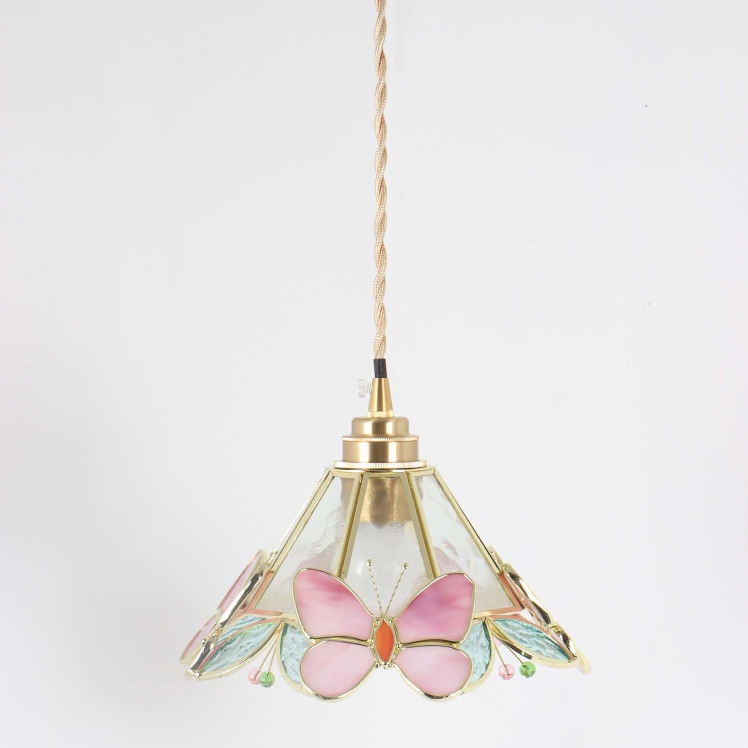 Bieye L10999 Tiffany Style Stained Glass Butterfly Flower Ceiling Pendant Light (Pink, 8.6-inch Wide)
