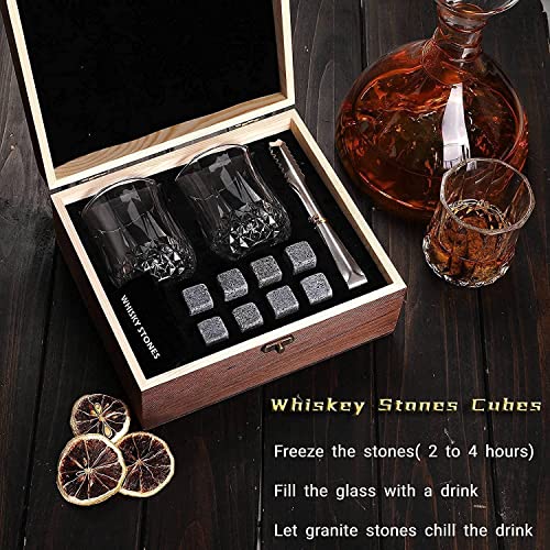 Foto von Baban Whiskey Steine & Gläser Geschenkset, 2 Whiskygläser und 8 Granitkühlstein in Holzbox, Whiskey Set mit Aufbewahrungstasche/Eiszange, Geschenkset für Geburtstag, Neujahr, Valentinstag